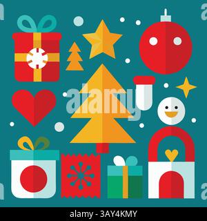 Set of Christmas Elements Tree and Holiday Icons: bell, tree, light, gift, read hart, Stock Vector