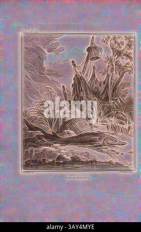 A serene landscape features a tranquil body of water, surrounded by lush foliage and towering rock formations. In the foreground, abandoned wooden structures hint at a forgotten past, while the overall scene evokes a sense of mystery and nostalgia., Le Sterlet, A sterlet on land (Acipenser ruthenus, sturgeon fish), in the background fishing nets, Signed: J. B. le Prince (del.), J. B. Tilliard (sculp.), Copper engraving, no. XI, after p. 200 (vol. 1), Le Prince, Jean-Baptiste ; Tilliard, Jean-Baptiste, 1768, Jean Chappe d'Auteroche: Voyage en Sibérie fait par ordre du roy en 1761: contenant les Stock Photo