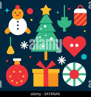 Festive Christmas Tree and Decoration Bundle: bell, tree, light, gift, read hart, Stock Vector