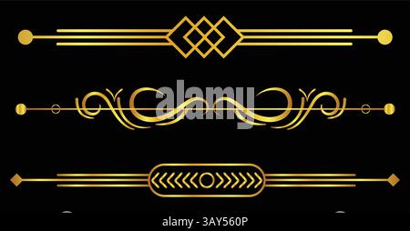 Art deco headers in gold. Calligraphic page decoration vignettes. Stock Vector