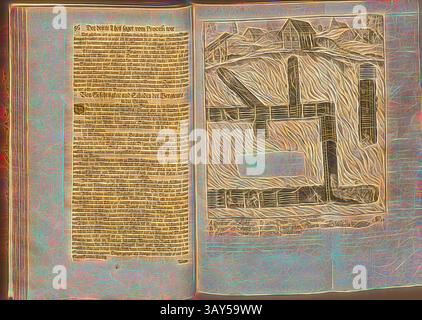 An open book displaying intricate illustrations alongside handwritten text, featuring a landscape scene with buildings and a network of pathways. The style is ornate, blending detailed imagery with decorative lettering., Cut through a mine, Mining tunnels and miners at various activities, no. 13, according to p. 56, 1690, Georg Engelhard Löhneysen, Gottfried Liebezeit: Gründlicher und auszführlicher Bericht von Bergwercken: wie man dieselbigen nützlich und fruchtbarlich bauen, in glückliches Auffnehmen bringen, und in guten Wolstand beständig erahlten [...]. Stockholm & Hamburg: Liebezeit Stock Photo