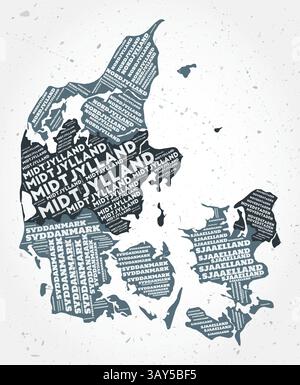 Denmark regions word clouds. Country shape on textured background. Denmark design in typographic style. Beautiful vector illustration. Stock Vector