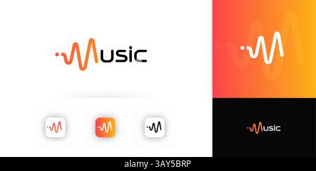 Modern Music Logo Design With Sound Wave And Letter M Concept In Gradient Orange Color. Creative Emblem For App Icons, Branding, Or Audio Services Stock Vector