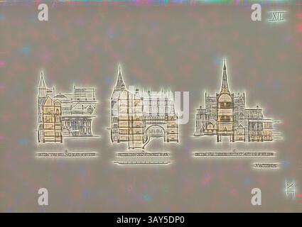 An artistic representation displaying three distinct architectural structures, each featuring unique designs and styles, framed with a creative overlay that enhances their outlines and details., A Section from Carey Street through Offices to the North of Central Hall, B through Bell Yard block of Offices and through Courts at west end of Building, Cross sections through the Royal Courts of Justice building in London as planned by Alfred Waterhouse, Taf. XII, after p. 24, Alfred Waterhouse: General description of design: courts of justice competition. London: printed by George E. Eyre and Stock Photo