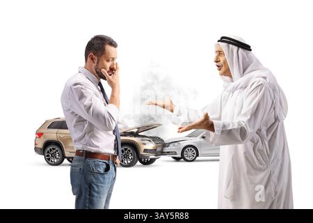 Middle eastern man arguing after a car crash isolated on white background Stock Photo