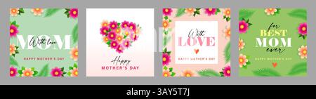Happy Mothers Day greeting cards set with cute spring flowers. Creative lettering concepts - Mom with love, Love you and best Mom ever. Vector banner Stock Vector
