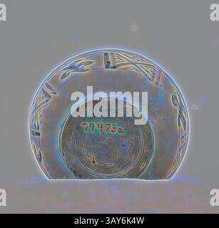 A circular object featuring intricate patterns, displaying a prominent number "771473" and surrounded by a vibrant aura of colors that suggest an ethereal quality., Circular Box, Blue Underglaze, 2 in., Asian Art, Classic art with a modern twist reimagined by Artotop Stock Photo