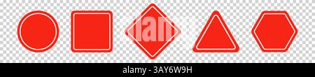 Set of round, square, rhombic, triangular and hexagonal red road signs. Vector illustration of icons for warning about the situation on the road. Tran Stock Vector