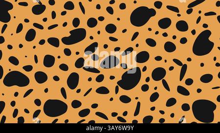 Cheetah Spot Animal Print. Leopard Dot Design on Orange Background. Random Black Polka Dot. Seamless Animal Inspired Pattern. Irregular Spot Vector fo Stock Vector