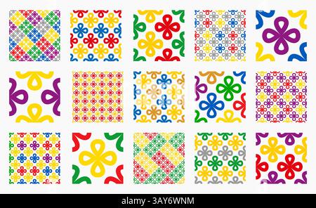 Set of seamless linear patterns with colorful floral shapes on a white background. Abstract designs for fashion, textiles, and home decor. High qualit Stock Vector