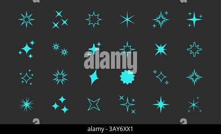 Set of outline star sparkle shapes with neon glow. Abstract shine effect vector icons in retro futuristic style. Twinkling stars, flashes, and bursts Stock Vector