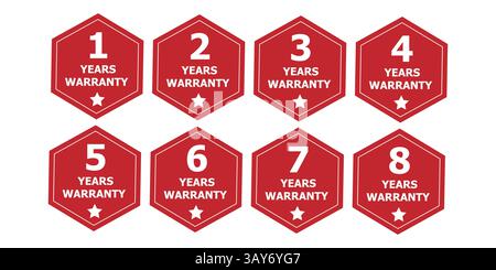 Red Hexagonal Warranty Badges with Years of Coverage – Glossy Guarantee Stickers for Product Packaging Stock Vector