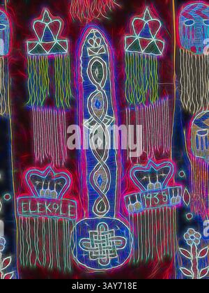 A vibrant display of intricate patterns and designs, featuring geometric shapes and flowing lines, all interconnected to form a striking artistic composition. The piece showcases various symbols, each contributing to a sense of unity and cultural significance., royal ceremonial jacket, Yoruba people, 1935-1950, wool, cotton, silk velvet, jute, raffia, glass and bugle beads, 43 x 56 in. (without beads) 47 x 62-3/4 in. (installed), Textile and Fashion Arts, Classic art with a modern twist reimagined by Artotop Stock Photo