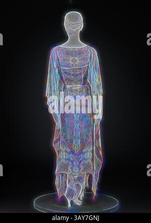 A translucent figure showcases an elegant gown, featuring intricate patterns that create a shimmering effect. The flowing fabric and graceful silhouette evoke a sense of ethereal beauty and artistry., caftan, sash, jumpsuit, Joe T. Lindsay, Designer (1951-1991), 1976-1977, silk chiffon and silk crepe de chine, tie-dyed, No measurement details., C) jumpsuit: Label, sewn: S, Label, sewn: 100% SILK, Dry Clean Only Label, sewn: by joe, JOE LINDSAY CHICAGO, Textile and Fashion Arts, Classic art with a modern twist reimagined by Artotop Stock Photo