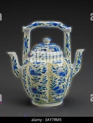 An intricately designed teapot featuring a floral pattern in blue and white, showcasing elegant curves and a distinctive two-handled shape. The craftsmanship highlights delicate detailing on both the body and lid, making it a striking piece of art., split ewer with double spout and lid, Kangxi, Qing dynasty, period, Kangxi, 1662-1722, porcelain, blue underglaze, 6 x 3-1/2 x 6 in., Asian Art, Classic art with a modern twist reimagined by Artotop Stock Photo