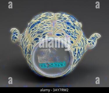 A beautifully crafted, ornate vessel featuring intricate floral designs in shades of blue and white, with a smooth, glossy finish. The base reveals an inscription, partially obscured, hinting at its unique craftsmanship., split ewer with double spout and lid, Kangxi, Qing dynasty, period, Kangxi, 1662-1722, porcelain, blue underglaze, 6 x 3-1/2 x 6 in., Asian Art, Classic art with a modern twist reimagined by Artotop Stock Photo