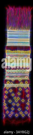 A vibrant textile design featuring intricate patterns and bands of color, showcasing a captivating mix of geometric shapes and flowing lines. The piece exudes a sense of movement and depth, creating a visually striking composition., belt, 19th century, wool, cotton, 161-1/2 X 14-3/4 in. (with fringe) 117 x 14-3/4 in. (without fringe), Textile and Fashion Arts, Classic art with a modern twist reimagined by Artotop Stock Photo