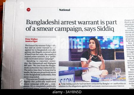 'Bangladeshi arrest warrant is part of a smear campaign, says (Tulip) Siddiq' Guardian newspaper headline politics article 15 April 2025 London UK Stock Photo
