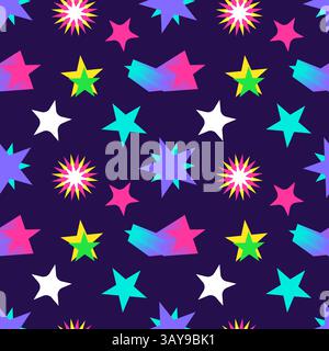 Vibrant abstract Memphis style seamless pattern featuring colorful stars on a dark blue space background. Perfect for wallpaper, wrapping paper and gi Stock Vector