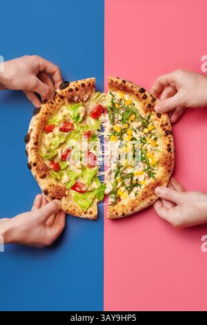 Hands taking slices of pizza with different toppings on colorful background Stock Photo