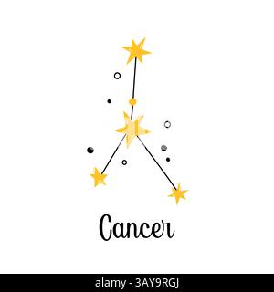 Cancer Zodiac constellation. Vector isolated astrological sign, symbol, element. Constellation scheme with cute stars and doodles. Simple design of Stock Vector