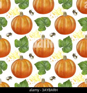 Delicate hand-painted watercolor fall pattern with pumpkins, bumblebees, leaves, and soft yellow splashes. Perfect for sublimation, scrapbooking Stock Photo