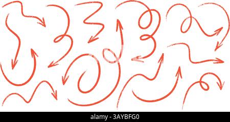 Red marker arrows pack - hand sketched doodle swirls, curved lines, pointers. Stock Vector