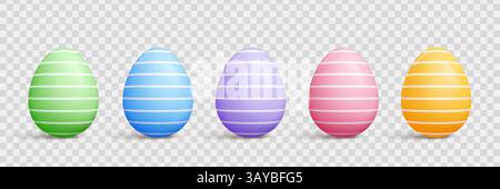 Easter egg 3d vector set - cartoon shapes with pastel solid color, polka dots, strips and diagonal lines patterns Stock Vector