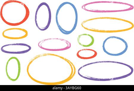 Oval highlight pastel color crayon shapes set - hand drawn sketchy rough ellipse circles design elements. Stock Vector