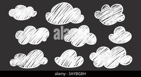 Chalk clouds kid drawing set white artistic handwritten style outlines drawn crayon on blackboard. Stock Vector