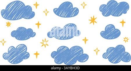 Doodle kid chalk crayon cloud designs - clumsy asymmetric starry night sky cartoon cliparts. Stock Vector