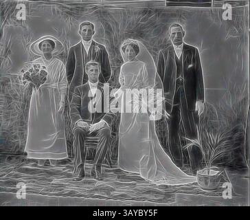 A wedding group poses elegantly, featuring a bride in a flowing gown and veil, surrounded by her groom and three attendants. The floral arrangements and formal attire suggest a celebration steeped in tradition. The backdrop adds a natural touch, enhancing the overall atmosphere of joy and unity., Glass Negative - Group Studio Portrait of Wedding Party, circa 1910s, A black and white, half plate copy negative featuring a studio portrait of a wedding party, circa 1910s. The groom is seated while the wife, with large bouquet and long bridal veil, bridesmaid with bouquet and two groomsmen stand Stock Photo