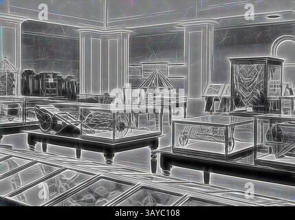A spacious interior featuring various display cases filled with intricate artifacts, showcasing an array of historical items. The environment is elegantly designed, with tall columns and a polished floor reflecting the surrounding exhibits., Copy Negative - Interior View of the Industrial & Technological Museum, Melbourne, 1870, Copy of photographic negative showing interior of the new Industrial and Technological Museum (Science Museum) in 1870. The Museum was established in 1870 under Cosmo Newberry, with the initial purpose of educating novice gold-seekers on gold-mining techniques. From Stock Photo
