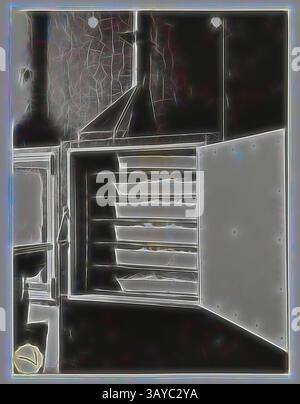 An open storage unit reveals multiple shelves, hinting at organization and accessibility, with a sleek design and intriguing shadows., Photograph, Nitrate Drying Cabinet, Silver Nitrate Dept, Abbotsford, circa 1940s, Black and white photograph featuring the nitrate drying cabinet in the Silver Nitrate Department in the Kodak Australasia Pty Ltd factory, Abbotsford. This image is number 7 in a series featuring the Silver Nitrate department and equipment. collection of products, promotional materials, photographs and working life artefacts collected from Kodak Australasia, Classic art with a Stock Photo