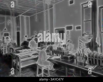 A busy workspace filled with individuals engaged in various tasks, surrounded by tables and shelves. The atmosphere suggests a collaborative effort, with people focused on their work amidst a backdrop of organized chaos., Negative, Processing Lab, Perth, Western Australia, 1935, Black and white film negative of the Kodak Australasia Pty Ltd processing lab, likely on Hay Street, Perth. It features the working area with seven women and two men at work. Women are splicing and sorting photographs and a man is retrieving large sheets of products from a drying or hanging rack.The number 10319-3 is Stock Photo