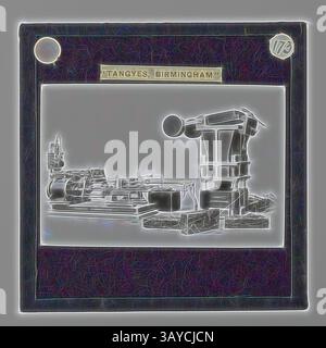 A detailed industrial scene featuring machinery and tools, with a prominent robotic arm positioned beside various equipment and materials, set against a background that hints at a workspace layout., Lantern Slide - Tangyes Ltd, Hydraulic Scrap Bundling Press, circa 1910, One of 239 glass lantern slides depicting products manufactured by Tangyes Limited engineers of Birmingham, England. The images include various products such as engines, centrifugal pumps, hydraulic pumps, gas producers, materials testing machines, presses, machine tools, hydraulic jacks etc. Tangyes was a company which Stock Photo