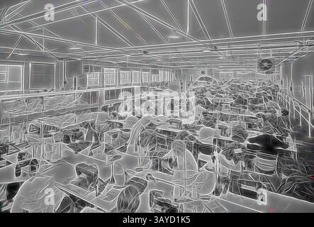 A bustling classroom filled with students engaged in various activities, surrounded by desks and educational materials, all set in a collaborative learning environment., Negative - Female Textile Employees Sewing Garments on Industrial Sewing Machines, 1950s, Black and white 5 x 4 negative showing a very large group of female textile workers sewing garments on industrial sewing machines in a large workshop at a textiles factory in the 1950s. the Laurie Richards Collection at Museum Victoria comprising approximately 85,000 negatives taken by the Melbourne based Laurie Richards Studio between Stock Photo