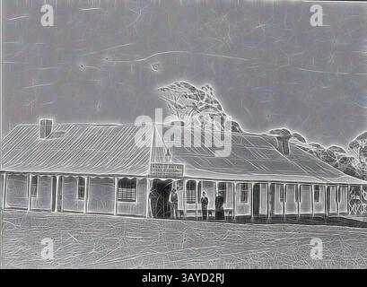 A rustic building with a sloped roof and multiple windows, set against a slightly cloudy sky. It features a sign above the entrance, and faint silhouettes of people can be seen standing nearby, adding a sense of life to the scene. Trees are visible in the background, enhancing the natural surroundings., Negative - Group of People Outside Bunyip Hotel, Bunyip, Victoria, circa 1890, A group of people outside the Bunyip Hotel 'Geo. Stevens Licensed Victualler.'. There are two chimneys arising from the building, which appears to have an iron roof and verandah. The people are standing in front of a Stock Photo