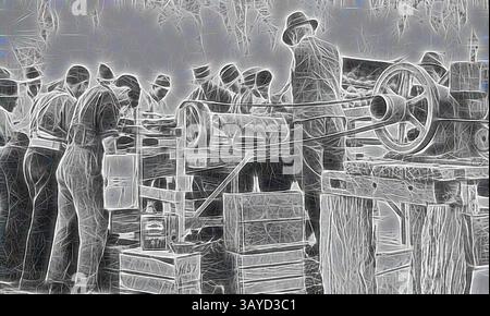 A group of workers is focused on machinery in a bustling industrial setting, with an array of tools and materials surrounding them, highlighting the collaborative effort in a production process., Negative - Group of Men Packing Fruit with The 'Lightning' Fruit Grader, Merrigum, Victoria, circa 1920, Men packing fruit which has been through 'The Lightning Fruit Grader.'. There is a tin of 'Special Harvester Oil' next to the machine., Classic art with a modern twist reimagined by Artotop Stock Photo