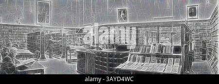 A serene library interior filled with shelves of books, illuminated softly by wall-mounted portraits. The space exudes an air of tranquility, inviting quiet contemplation and study., Negative - Library at the Ballarat Mechanics Institute, Victoria, 1936, The library at the Ballarat Mechanics Institute. There are sculptures on top of the shelves and large paintings hanging from the wall., Classic art with a modern twist reimagined by Artotop Stock Photo