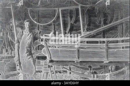 A craftsman stands beside a partially assembled boat, surrounded by wooden frames and tools, embodying the dedication and artistry of traditional craftsmanship., Negative - Meredith, Victoria, pre 1910, A man with a carriage which is under construction. He holds an plane his hand and there are various forms hanging on the wall behind him., Classic art with a modern twist reimagined by Artotop Stock Photo