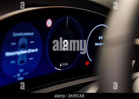 Close Up of Digital Dashboard Display in a Luxury Supercar Stock Photo