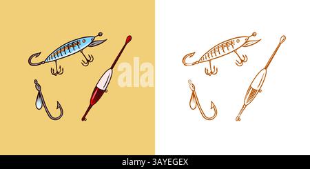 Spoon, fishing hook and float. fishing tackle in hand drawn engraved style Stock Vector