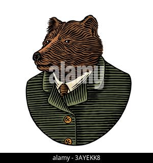 Grizzly or Brown Bear in human outfit. Animal character in human clothes, black coat for bear or alcohol beverages. Anthropomorphic Hand drawn Stock Vector