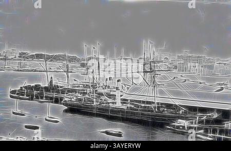 A vintage ship anchored in a harbor, surrounded by smaller boats, with distant hills and buildings in the background. The scene is characterized by intricate lines and a dreamy, stylized effect., Negative - Circular Quay, New South Wales, circa 1880, Sailing ships and steam ships tied up at circular quay, Sydney Harbour. Government House is on the far left., Classic art with a modern twist reimagined by Artotop Stock Photo