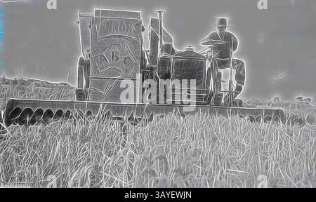 A vintage agricultural machine stands in a field, with a figure operating it. Tall grass surrounds the equipment, evoking a sense of nostalgia for a bygone era of farming., Negative - Hanwood District, New South Wales, circa 1932, A man operating a rice harvesting machine., Classic art with a modern twist reimagined by Artotop Stock Photo