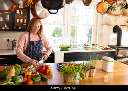 Mature woman slicing bell pepper on wooden cutting board in modern home kitchen with potted herbs Stock Photo