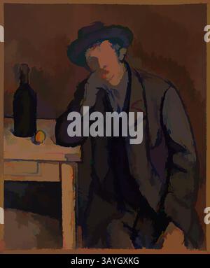 A figure dressed in a dark coat and hat leans pensively against a table, with a bottle and a lemon nearby. The somber mood is enhanced by the muted tones and shadowy background, conveying a sense of introspection and solitude. Paul Cézanne: The Drinker (Le Buveur), Paul Cézanne, 1898–1900, Oil on canvas, Overall: 18 11/16 × 15 3/8 in. (47.5 × 39 cm)  Classic art with a modern twist reimagined by Artotop Stock Photo