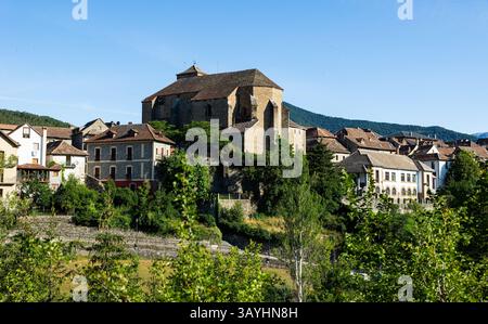 Shot of historical settlement of Anso and its surroundings, medieval ...