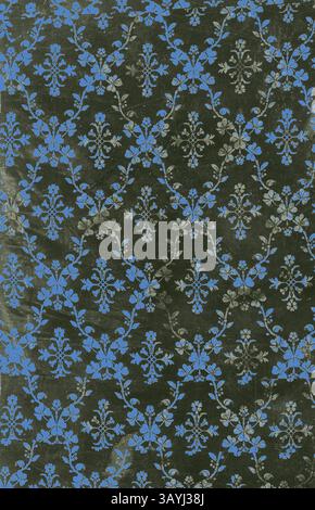 A rich, textured background features an intricate pattern of delicate floral motifs in various shades of blue, gracefully intertwined with dark, subtle tones that enhance the overall depth and allure of the design. Panel, 19th century, England, Silk, warp-float faced satin weave with supplementary patterning wefts tied by supplementary binding warps in twill interlacings (lampas), 220.0 × 24.3 cm (87 3/8 × 97 in.), Feathered Ornament Depicting a Masked Figure Holding a Staff, A.D. 100/300, Nazca, South coast, Peru, Peru, Feathers, leather, gold, and reed ribers, H. 14.25 cm (5 5/8 in Stock Photo